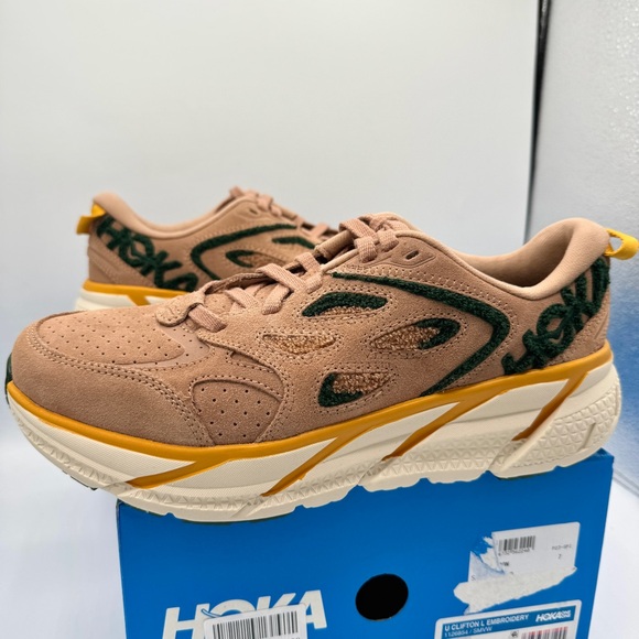 NWT Hoka Clifton L Embroidery UNISEX Shoes Leather Brown Sirrocco Mountain View - Picture 3 of 16